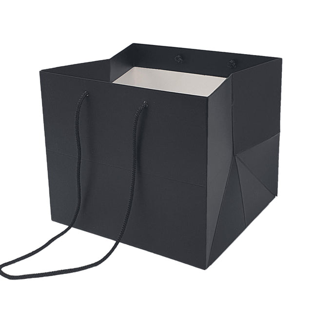 Pungă hârtie NEAGRĂ pentru flori cu mânere din șnur textil 30 x 25(H) x 27cm