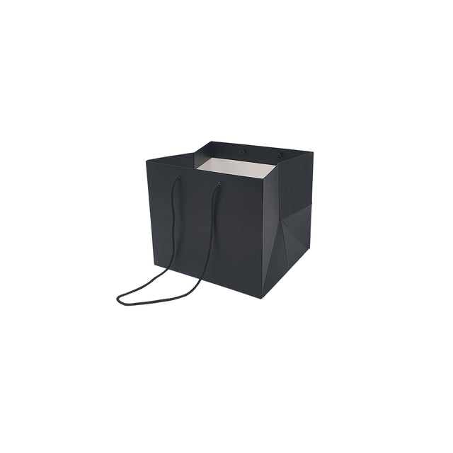 Pungă hârtie NEAGRĂ pentru flori cu mânere din șnur textil 16 x 17(H) x 15cm