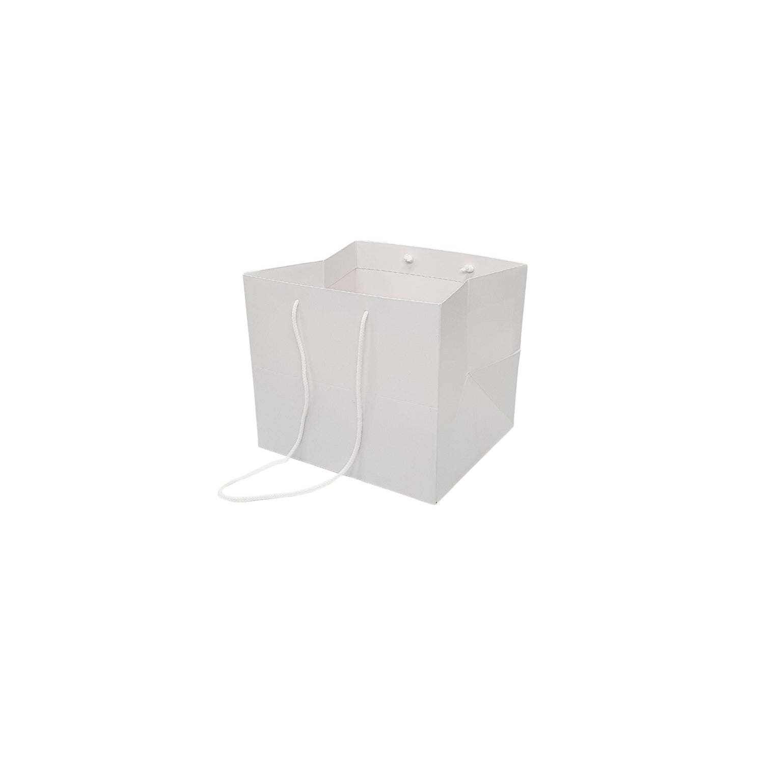 Pungă hârtie ALBĂ pentru flori cu mânere din șnur textil 16 x 17(H) x 15cm