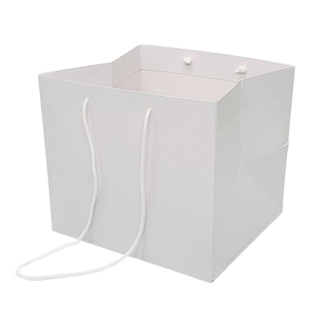 Pungă hârtie ALBĂ pentru flori cu mânere din șnur textil 30 x 25(H) x 27cm