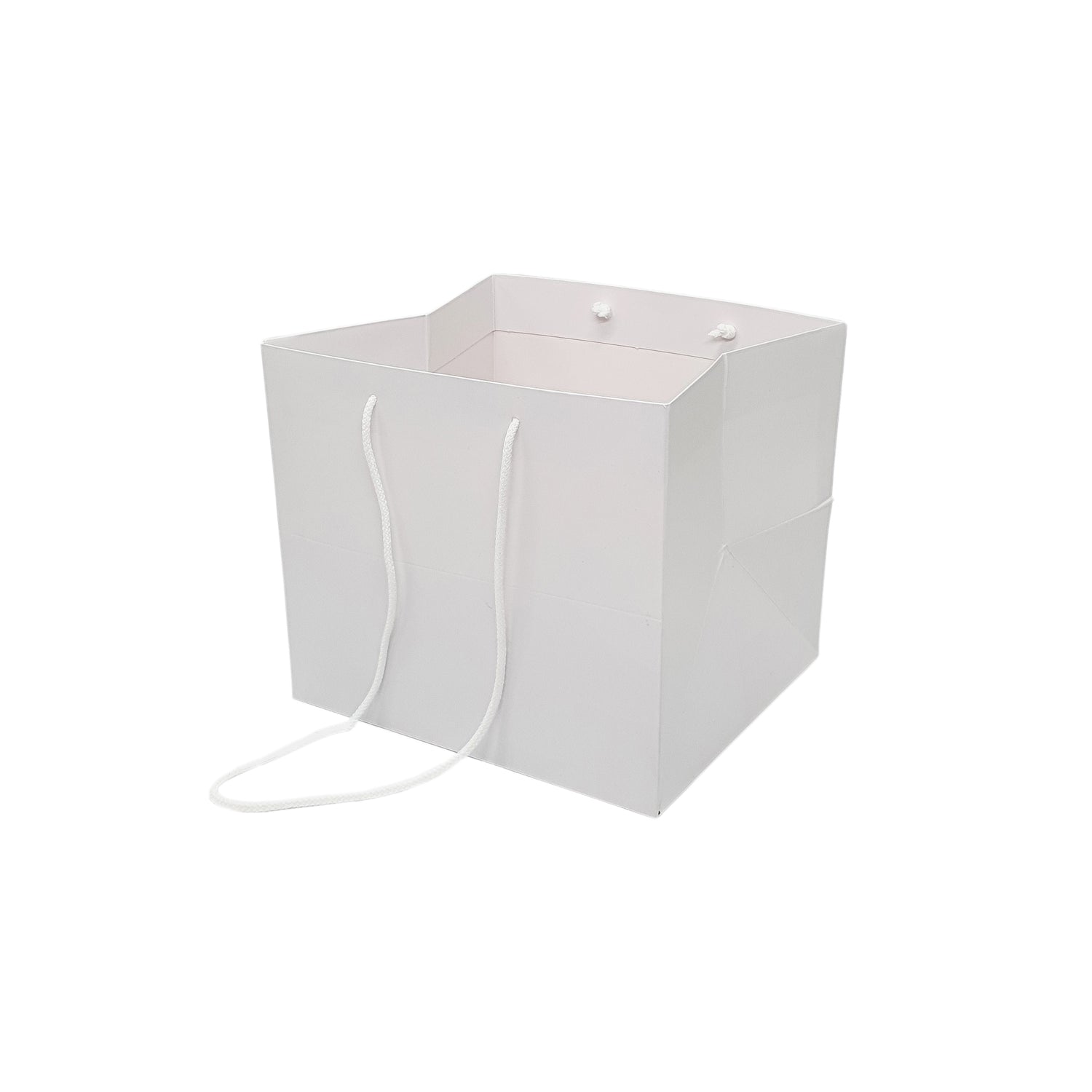 Pungă hârtie ALBĂ pentru flori cu mânere din șnur textil 23 x 20(H) x 20cm