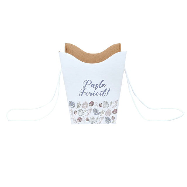 Pungă carton ALB pentru flori - Model 1 Paște cu mânere din șnur textil 11 x 18,5(H) x 11cm