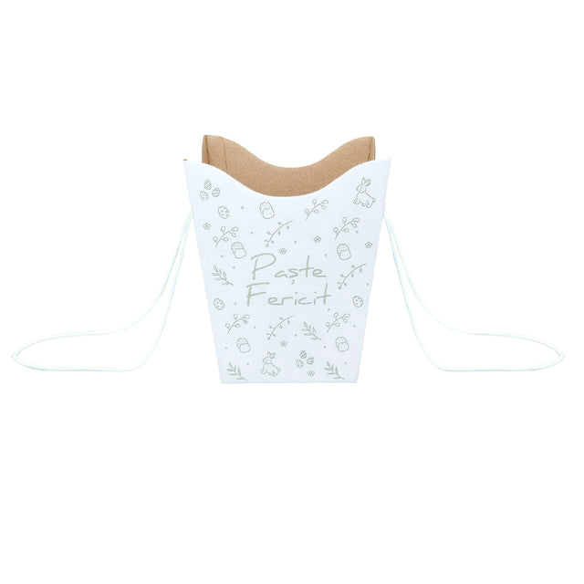 Pungă carton ALB pentru flori - Model 3 Paște cu mânere din șnur textil 11 x 18,5(H) x 11cm