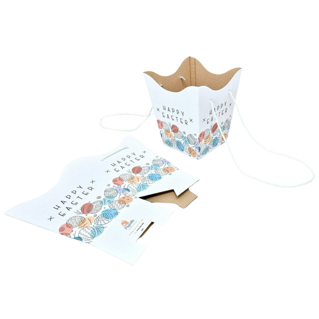 Pungă carton ALB pentru flori - Model 6 Paște cu mânere din șnur textil 11 x 18,5(H) x 11cm