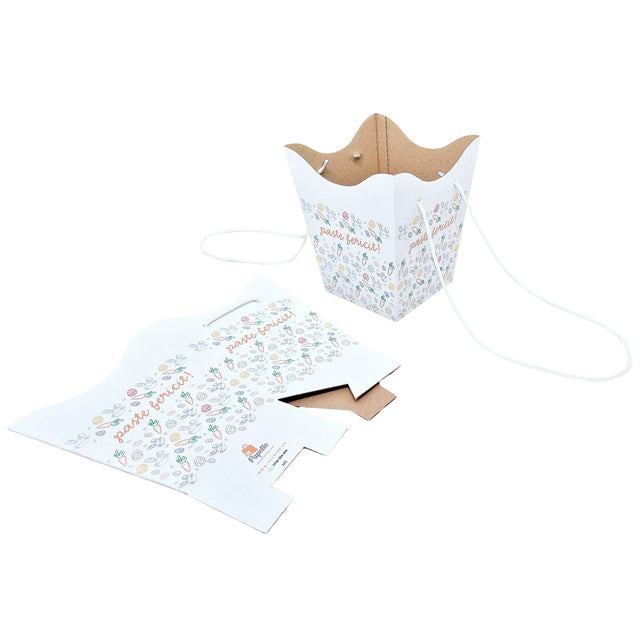 Pungă carton ALB pentru flori - Model 5 Paște cu mânere din șnur textil 11 x 18,5(H) x 11cm