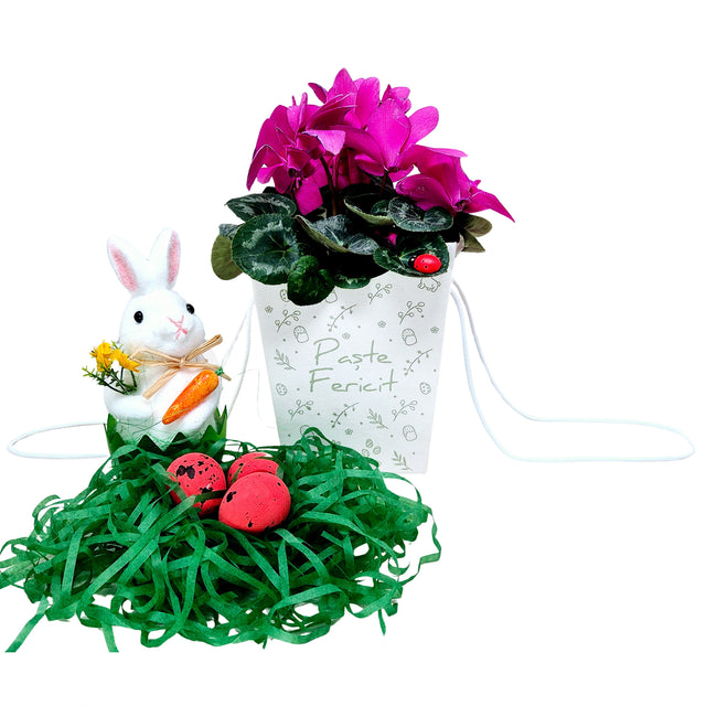 Pungă carton ALB pentru flori - Model 3 Paște cu mânere din șnur textil 11 x 18,5(H) x 11cm