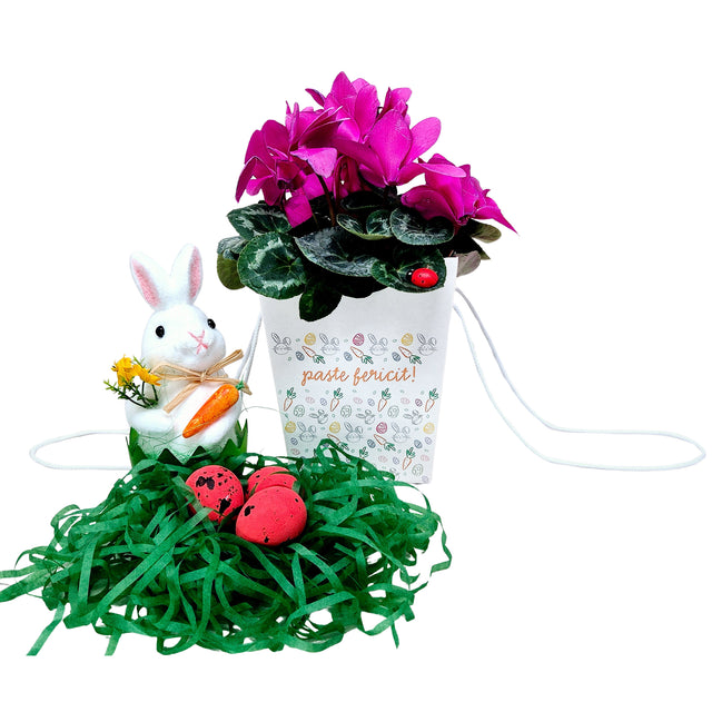 Pungă carton ALB pentru flori - Model 5 Paște cu mânere din șnur textil 11 x 18,5(H) x 11cm