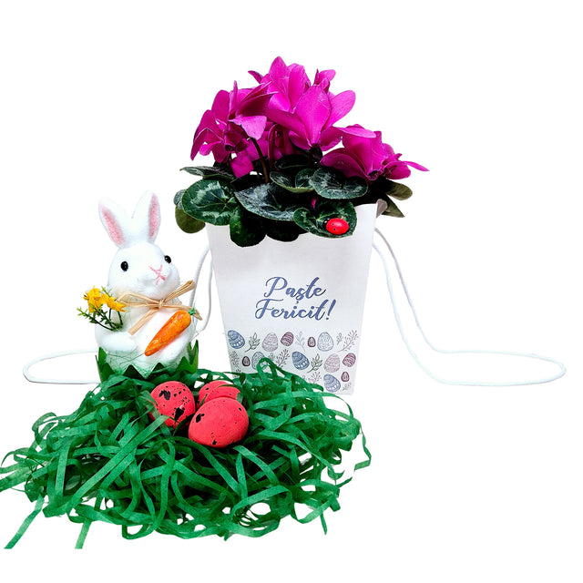 Pungă carton ALB pentru flori - Model 1 Paște cu mânere din șnur textil 11 x 18,5(H) x 11cm