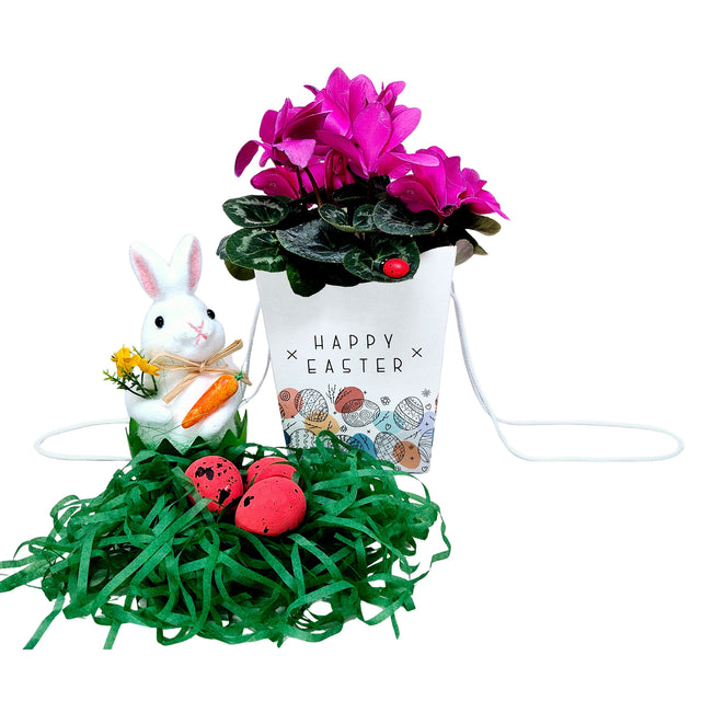 Pungă carton ALB pentru flori - Model 6 Paște cu mânere din șnur textil 11 x 18,5(H) x 11cm