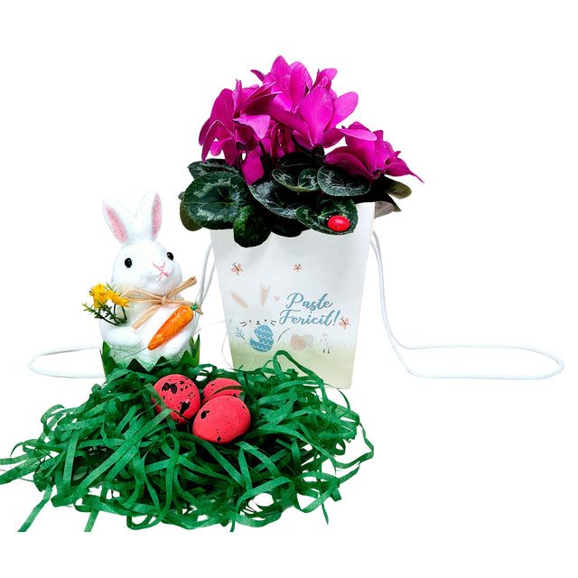 Pungă carton ALB pentru flori - Model 2 Paște cu mânere din șnur textil 11 x 18,5(H) x 11cm