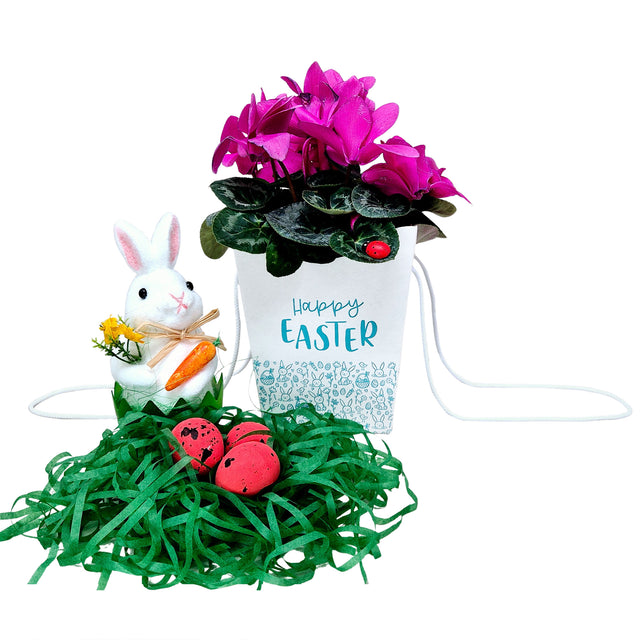 Pungă carton ALB pentru flori - Model 8 Paște cu mânere din șnur textil 11 x 18,5(H) x 11cm