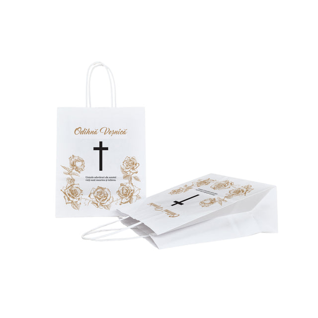 Pungă hârtie kraft ALB pentru parastas, pomană, înmormântare „Trandafirii Aurii” Odihnă Veşnică – mânere răsucite – 18 x 22(H) x 8 cm