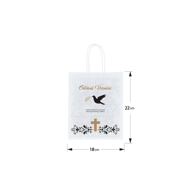 Pungă hârtie kraft ALB pentru parastas, pomană, înmormântare „Porumbel cu Trandafiri” Odihnă Veşnică – mânere răsucite – 18 x 22(H) x 8 cm