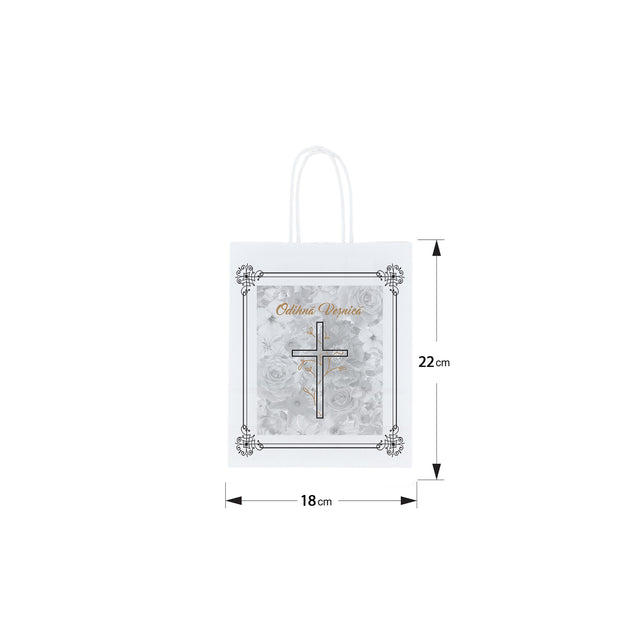 Pungă hârtie kraft ALB pentru parastas, pomană, înmormântare „Grădina Cerului” Odihnă Veşnică – mânere răsucite – 18 x 22(H) x 8 cm