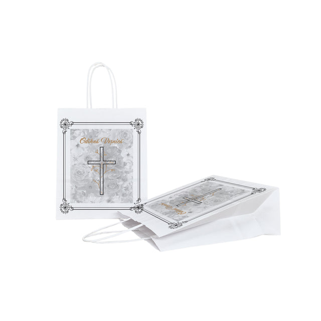 Pungă hârtie kraft ALB pentru parastas, pomană, înmormântare „Grădina Cerului” Odihnă Veşnică – mânere răsucite – 18 x 22(H) x 8 cm