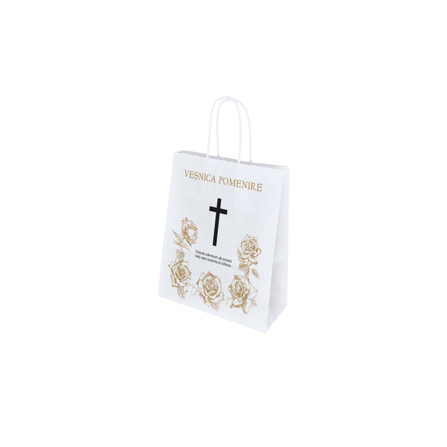 Pungă hârtie kraft ALB pentru parastas, pomană, înmormântare „Trandafirii Aurii” Veşnică Pomenire – mânere răsucite – 18 x 22(H) x 8 cm