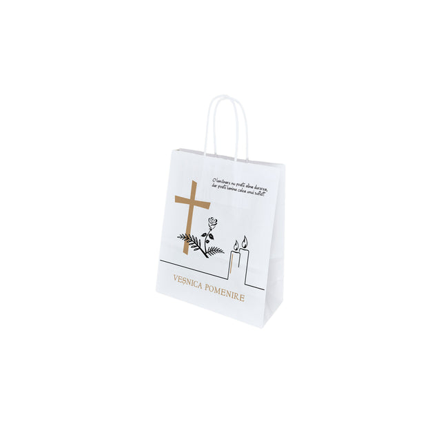 Pungă hârtie kraft ALB pentru parastas, pomană, înmormântare „Lumânare şi Trandafir” Veşnică Pomenire – mânere răsucite – 18 x 22(H) x 8 cm
