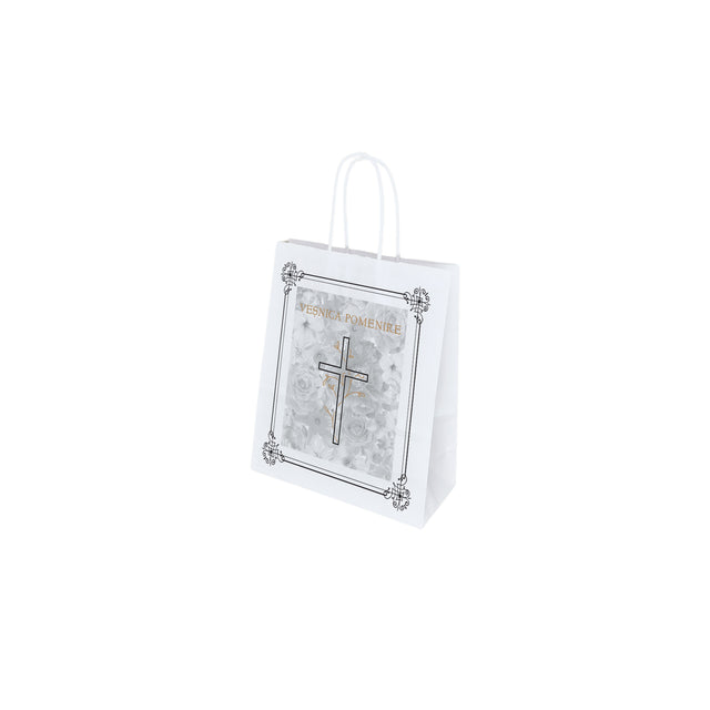 Pungă hârtie kraft ALB pentru parastas, pomană, înmormântare „Grădina Cerului” Veşnică Pomenire – mânere răsucite – 18 x 22(H) x 8 cm