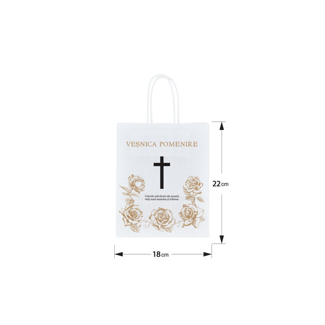 Pungă hârtie kraft ALB pentru parastas, pomană, înmormântare „Trandafirii Aurii” Veşnică Pomenire – mânere răsucite – 18 x 22(H) x 8 cm