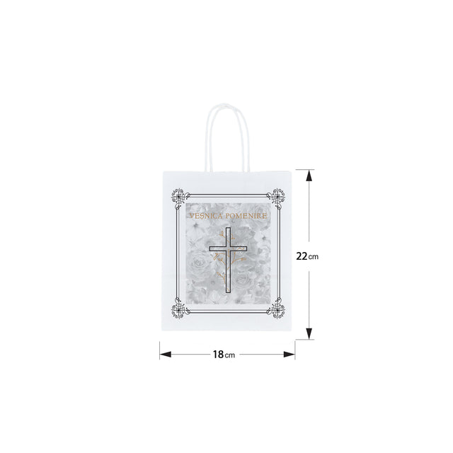 Pungă hârtie kraft ALB pentru parastas, pomană, înmormântare „Grădina Cerului” Veşnică Pomenire – mânere răsucite – 18 x 22(H) x 8 cm