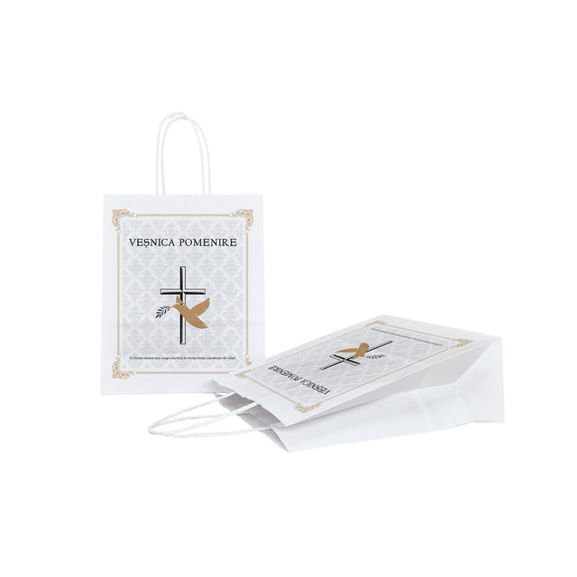 Pungă hârtie kraft ALB pentru parastas, pomană, înmormântare „Porumbel Auriu” Veşnică Pomenire – mânere răsucite – 18 x 22(H) x 8 cm