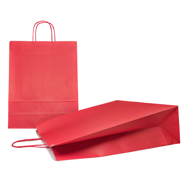 Pungă hârtie kraft ROȘIE cu mânere din hârtie răsucită 32 x 41(H) x 12cm