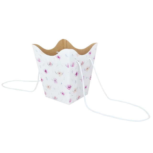 Pungă carton ALB pentru flori - Model 10 Floral cu mânere din șnur textil 11 x 18,5(H) x 11cm