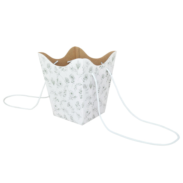 Pungă carton ALB pentru flori - Model 4 Floral cu mânere din șnur textil 11 x 18,5(H) x 11cm