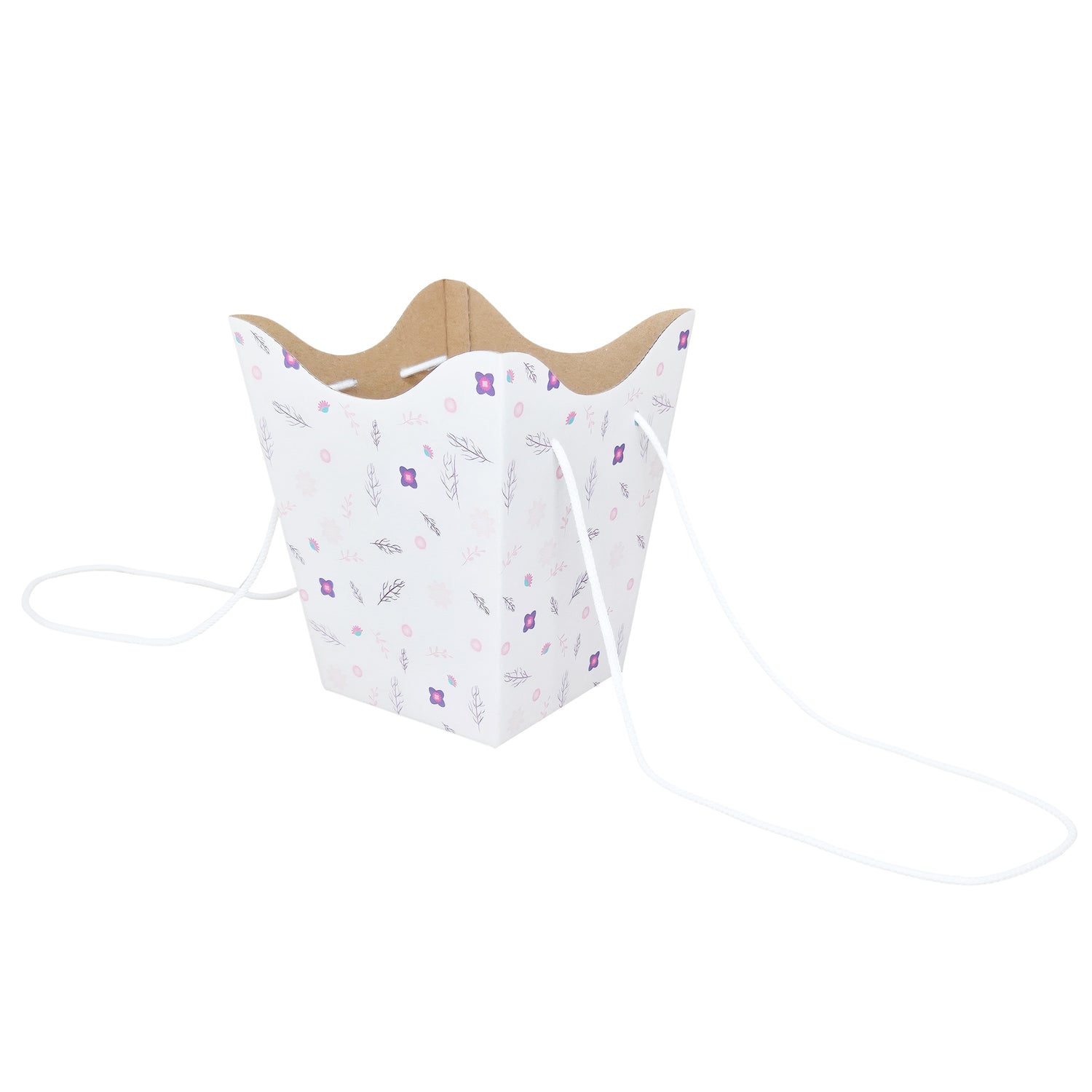 Pungă carton ALB pentru flori - Model 2 Floral cu mânere din șnur textil 11 x 18,5(H) x 11cm