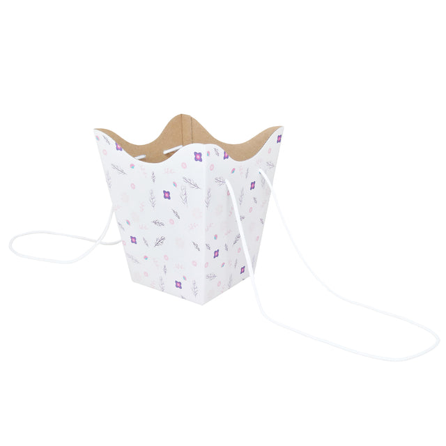 Pungă carton ALB pentru flori - Model 2 Floral cu mânere din șnur textil 11 x 18,5(H) x 11cm