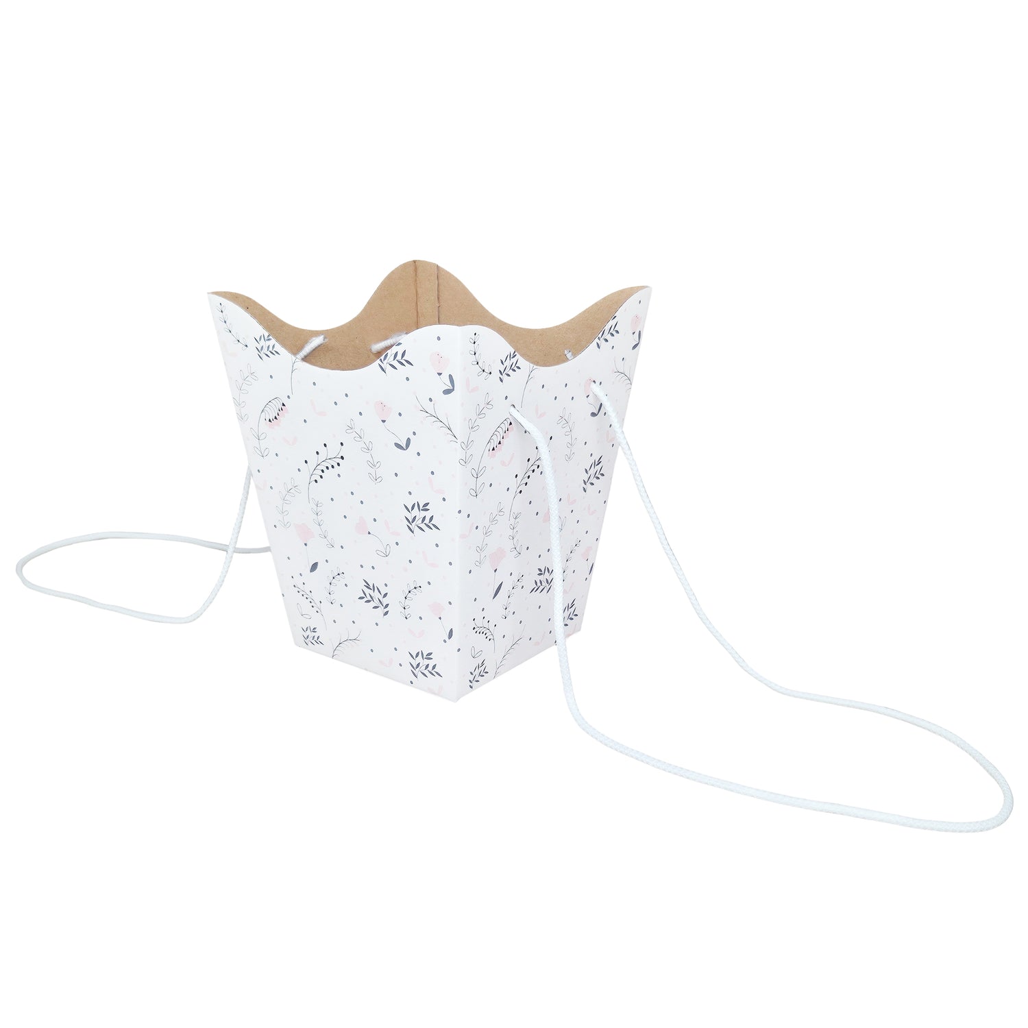 Pungă carton ALB pentru flori - Model 3 Floral cu mânere din șnur textil 11 x 18,5(H) x 11cm