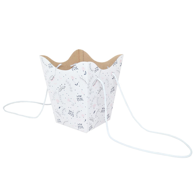 Pungă carton ALB pentru flori - Model 3 Floral cu mânere din șnur textil 11 x 18,5(H) x 11cm