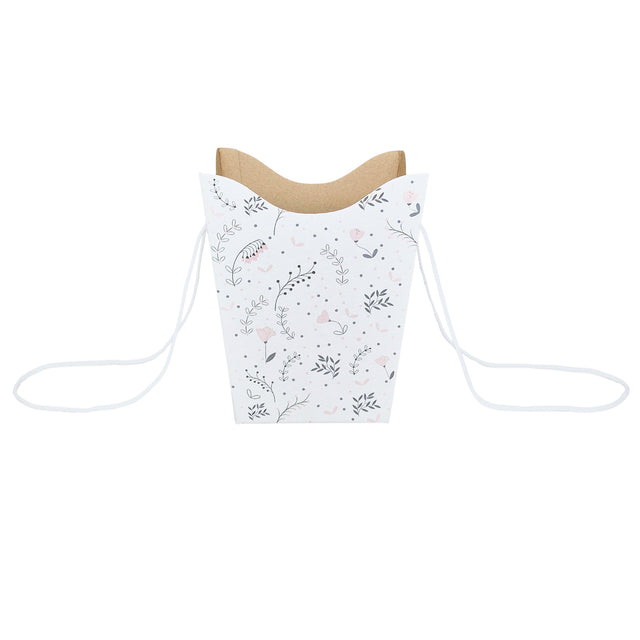 Pungă carton ALB pentru flori - Model 3 Floral cu mânere din șnur textil 11 x 18,5(H) x 11cm