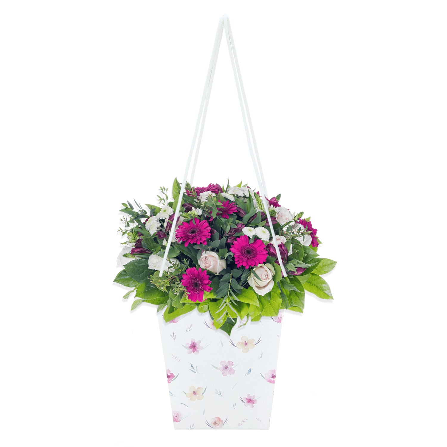 Pungă carton ALB pentru flori - Model 10 Floral cu mânere din șnur textil 11 x 18,5(H) x 11cm