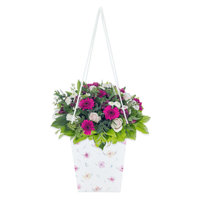 Pungă carton ALB pentru flori - Model 10 Floral cu mânere din șnur textil 11 x 18,5(H) x 11cm
