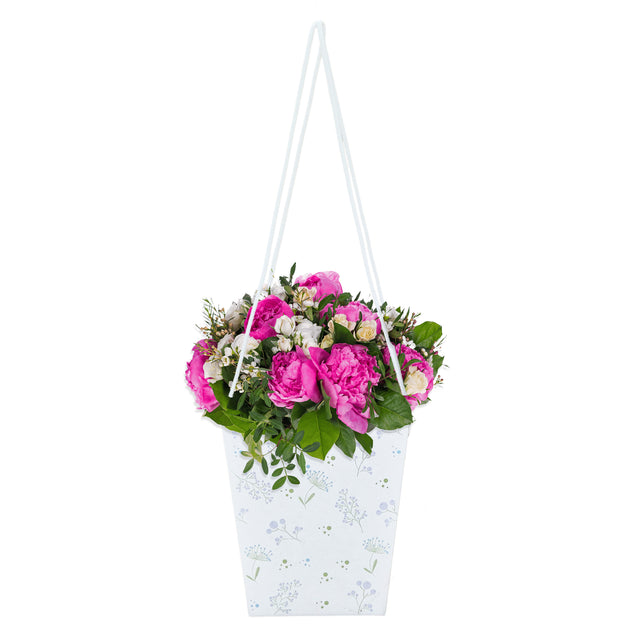Pungă carton ALB pentru flori - Model 6 Floral cu mânere din șnur textil 11 x 18,5(H) x 11cm