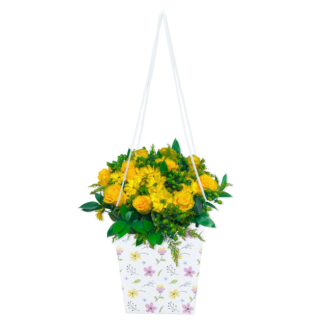 Pungă carton ALB pentru flori - Model 7 Floral cu mânere din șnur textil 11 x 18,5(H) x 11cm