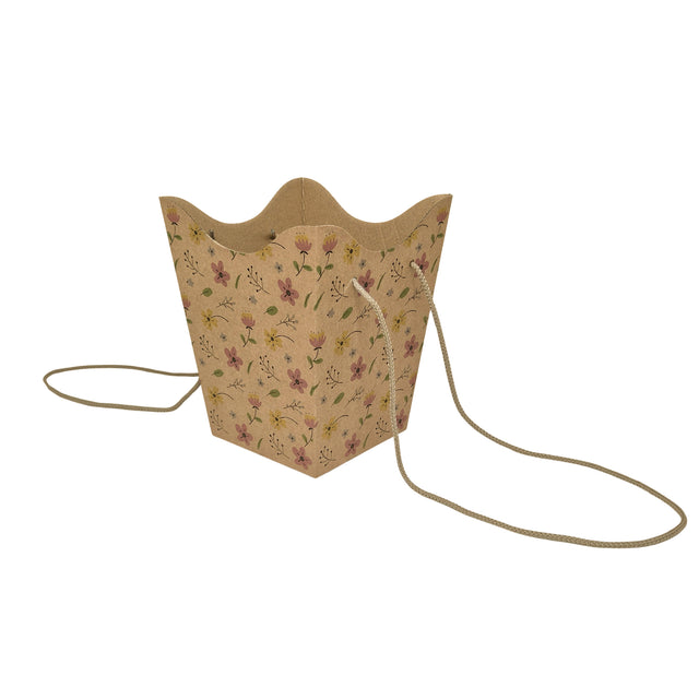 Pungă carton NATUR pentru flori - Model 7 Floral cu mânere din șnur textil 11 x 18,5(H) x 11cm