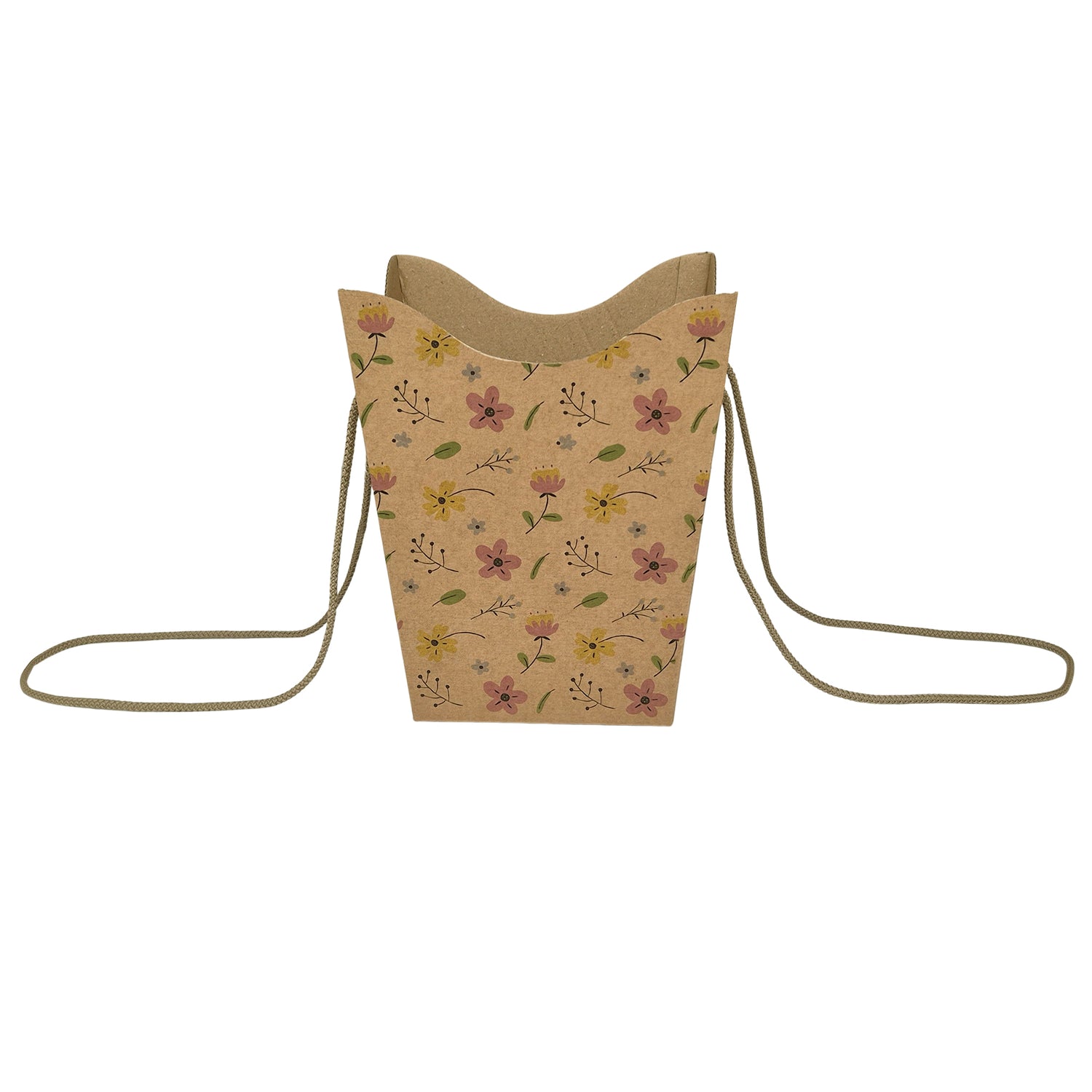 Pungă carton NATUR pentru flori - Model 7 Floral cu mânere din șnur textil 11 x 18,5(H) x 11cm