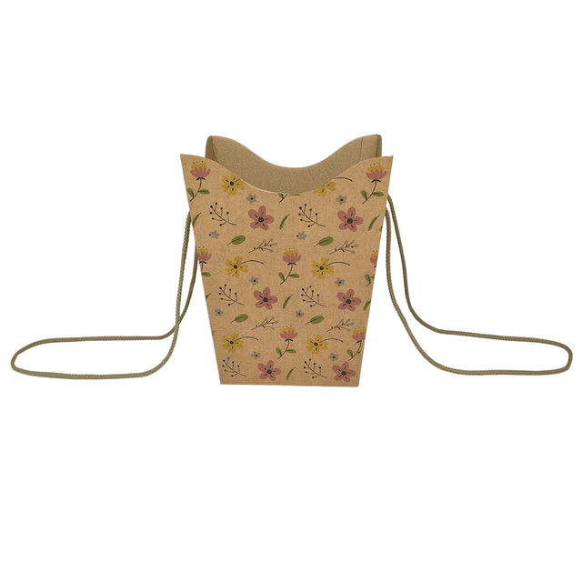 Pungă carton NATUR pentru flori - Model 7 Floral cu mânere din șnur textil 11 x 18,5(H) x 11cm