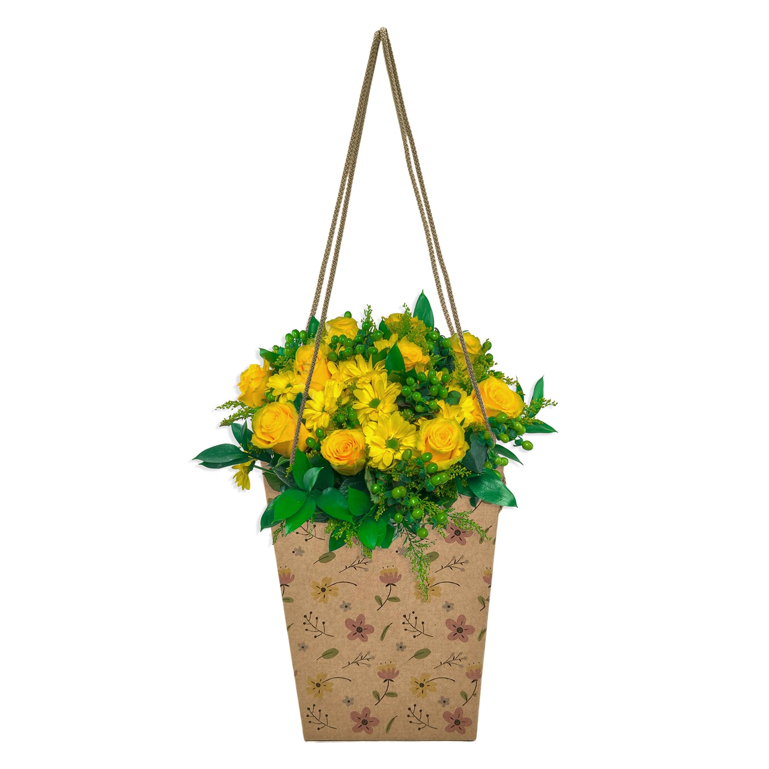 Pungă carton NATUR pentru flori - Model 7 Floral cu mânere din șnur textil 11 x 18,5(H) x 11cm