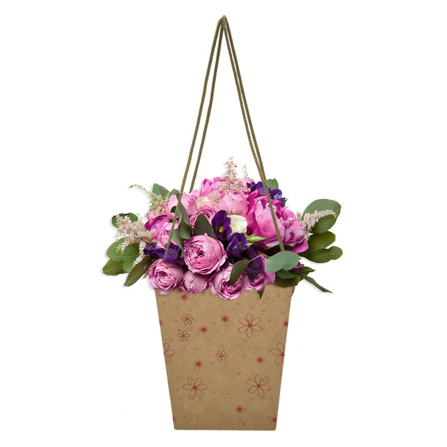 Pungă carton NATUR pentru flori - Model 8 Floral cu mânere din șnur textil 11 x 18,5(H) x 11cm