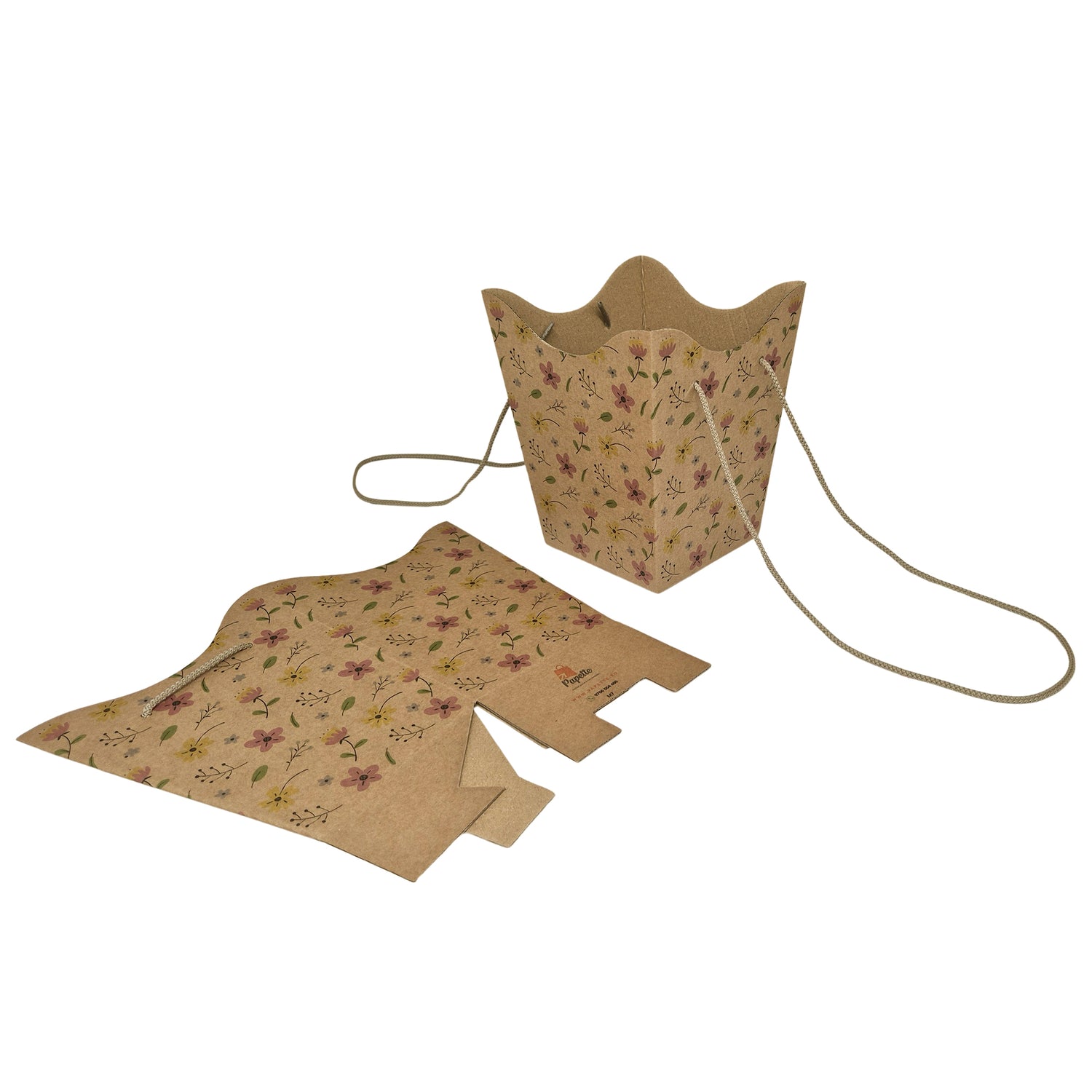 Pungă carton NATUR pentru flori - Model 7 Floral cu mânere din șnur textil 11 x 18,5(H) x 11cm