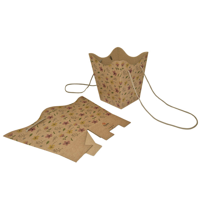 Pungă carton NATUR pentru flori - Model 7 Floral cu mânere din șnur textil 11 x 18,5(H) x 11cm