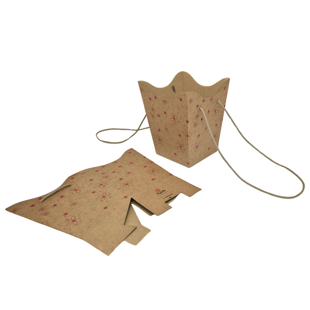 Pungă carton NATUR pentru flori - Model 8 Floral cu mânere din șnur textil 11 x 18,5(H) x 11cm