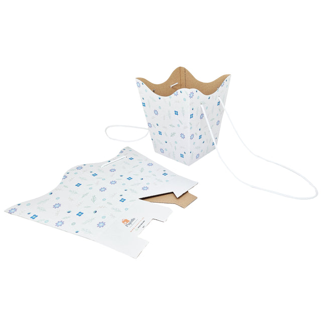 Pungă carton ALB pentru flori - Model 1 Floral cu mânere din șnur textil 11 x 18,5(H) x 11cm