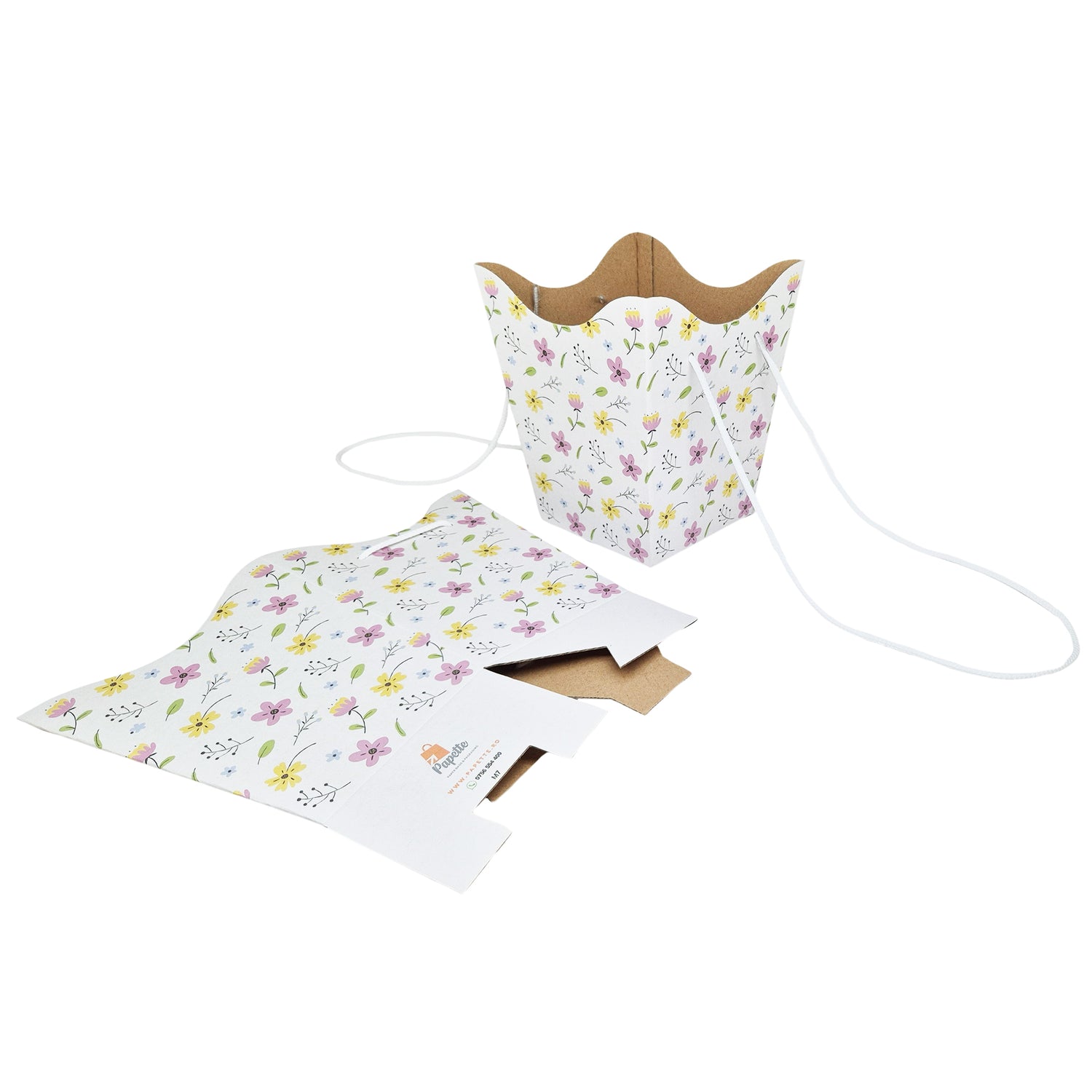 Pungă carton ALB pentru flori - Model 7 Floral cu mânere din șnur textil 11 x 18,5(H) x 11cm