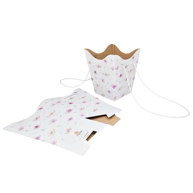 Pungă carton ALB pentru flori - Model 10 Floral cu mânere din șnur textil 11 x 18,5(H) x 11cm
