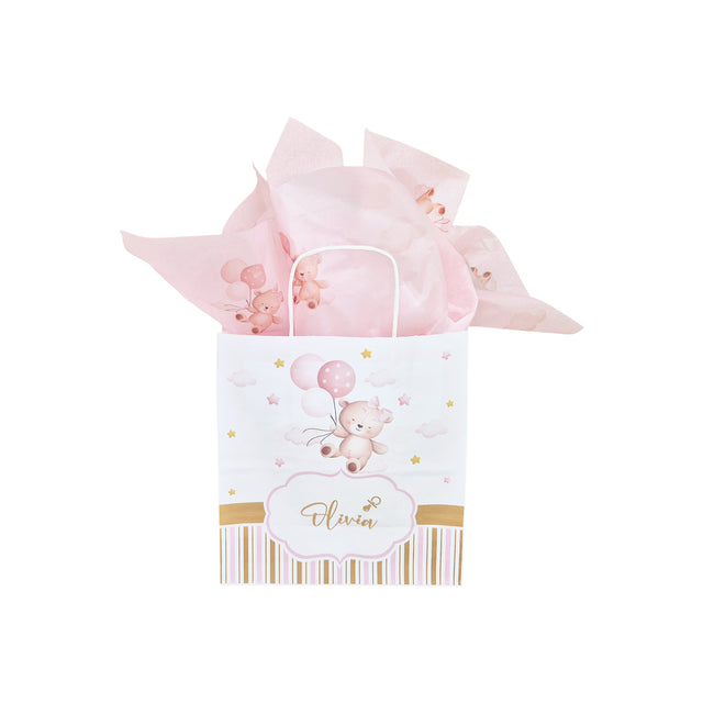 Pungă Hârtie Kraft cu Model Botez Fetiță Dreamy Teddy 22 x 31(H) x 10cm