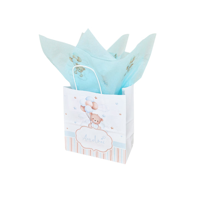 Pungă Hârtie Kraft cu Model Botez Băiețel Dreamy Teddy 18 x 22(H) x 8 cm